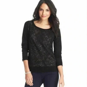 NWT Ann Taylor  LOFT Sweater Crochet Front Black Size Medium